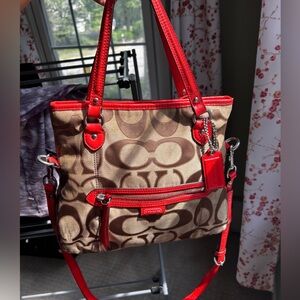 Coach Brown and Red Signature Shoulder Bag